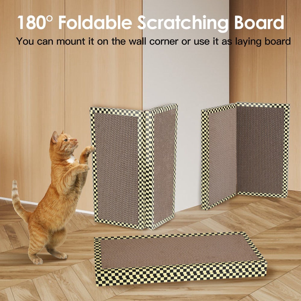 Cat using a 180° foldable scratching board with a checkerboard design, demonstrating its versatility for wall mounting or as a laying board, set in a modern interior with wooden flooring.