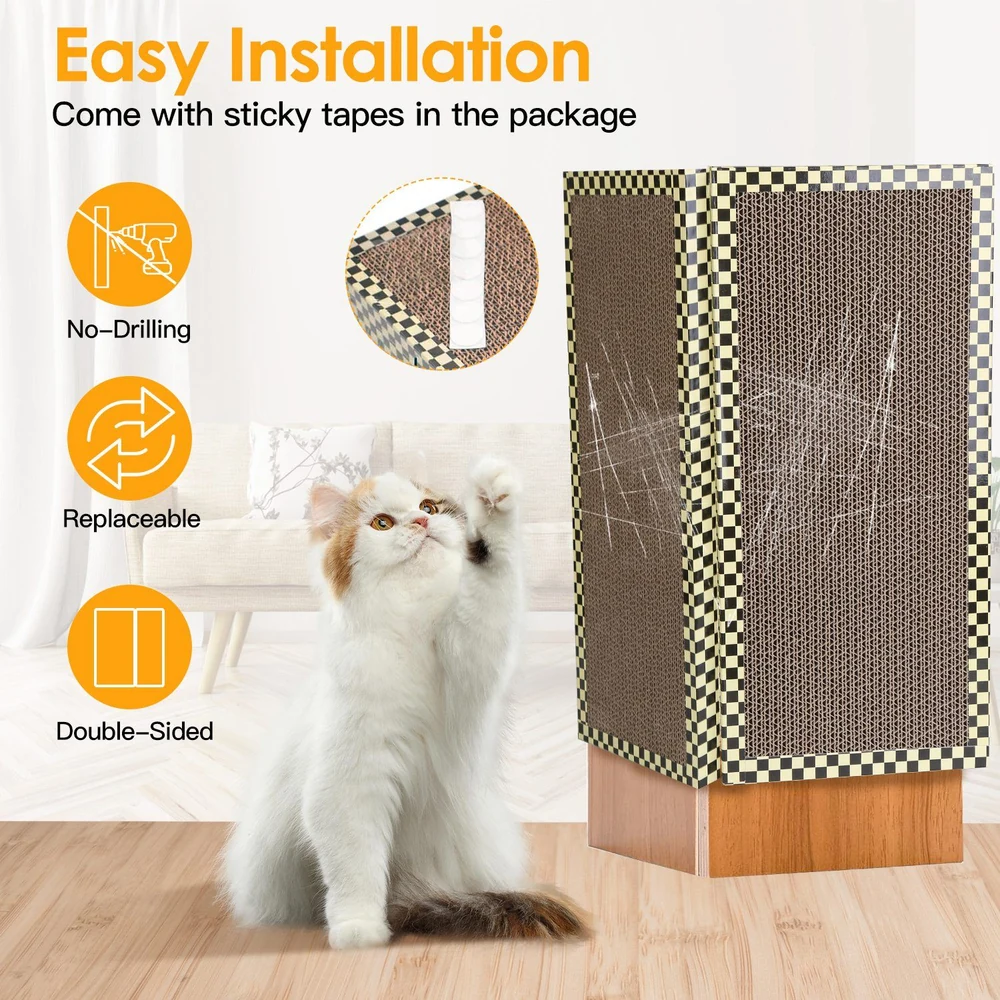 Cat scratching post with easy installation features, double-sided design, and sticky tape included, showcased with a playful cat reaching up to scratch the surface.