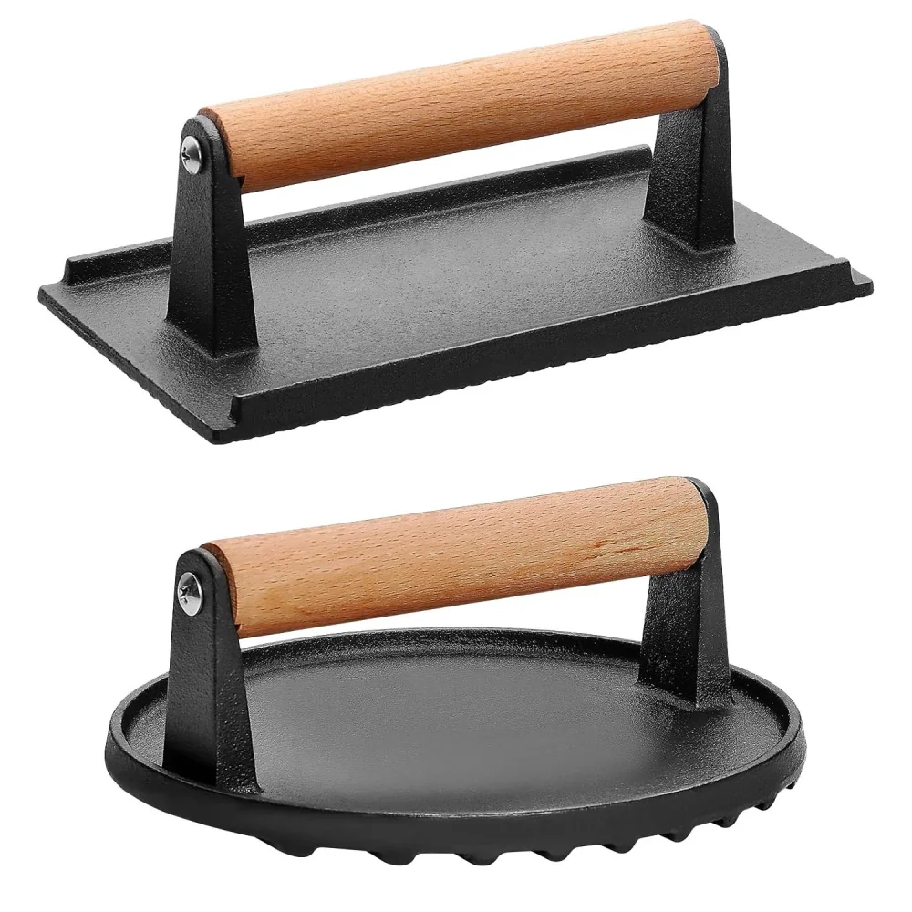 Cast iron burger press with wooden handle, featuring a flat rectangular shape and a round press, ideal for grilling and cooking.