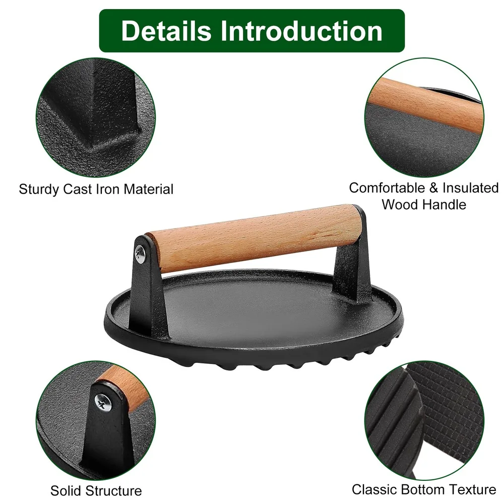 Cast iron press tool with a wooden handle, featuring a sturdy structure and a textured bottom, designed for efficient cooking and heat distribution.