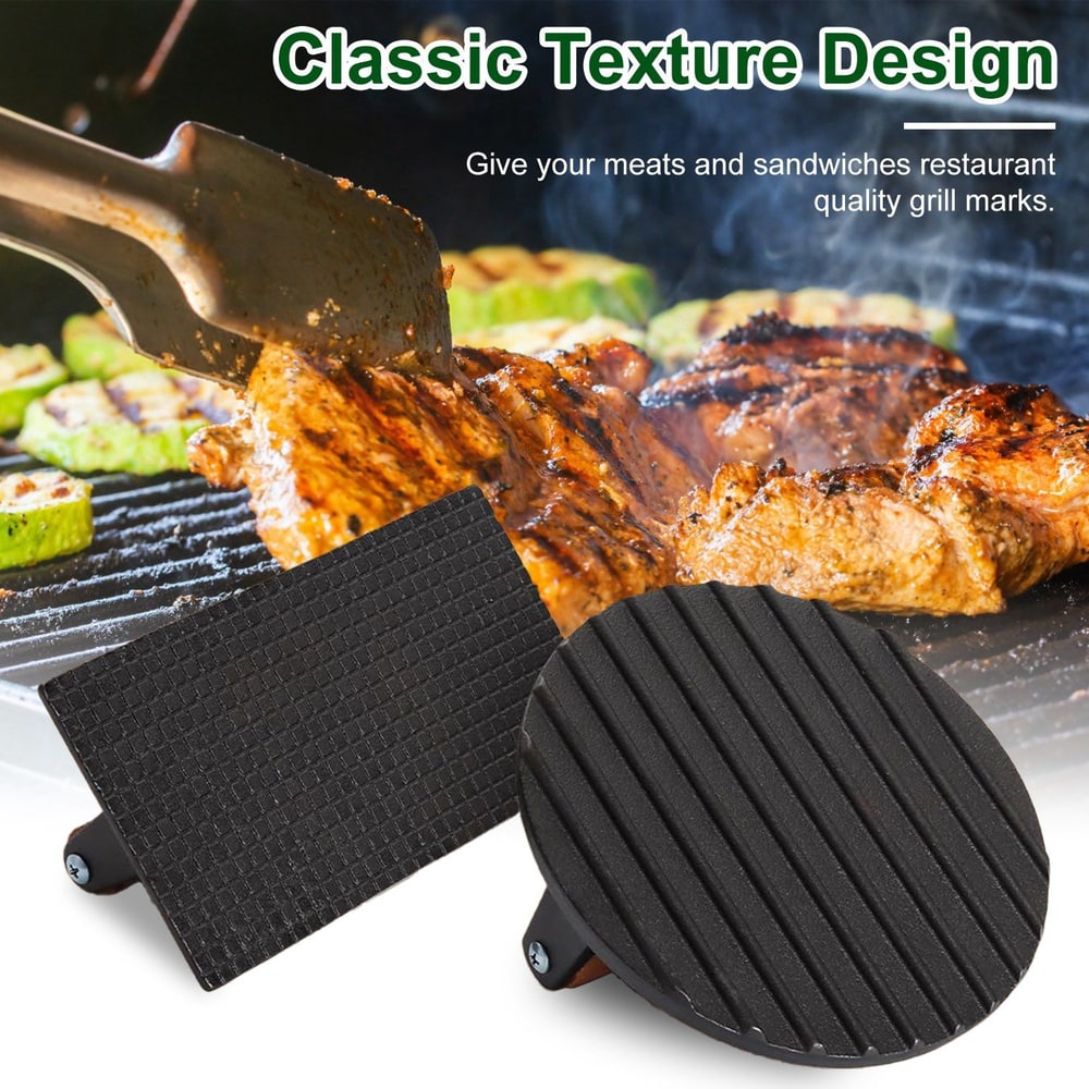 Grill press set featuring a rectangular and a round design with textured surfaces, ideal for creating professional grill marks on meats and sandwiches against a backdrop of grilled chicken and vegetables.