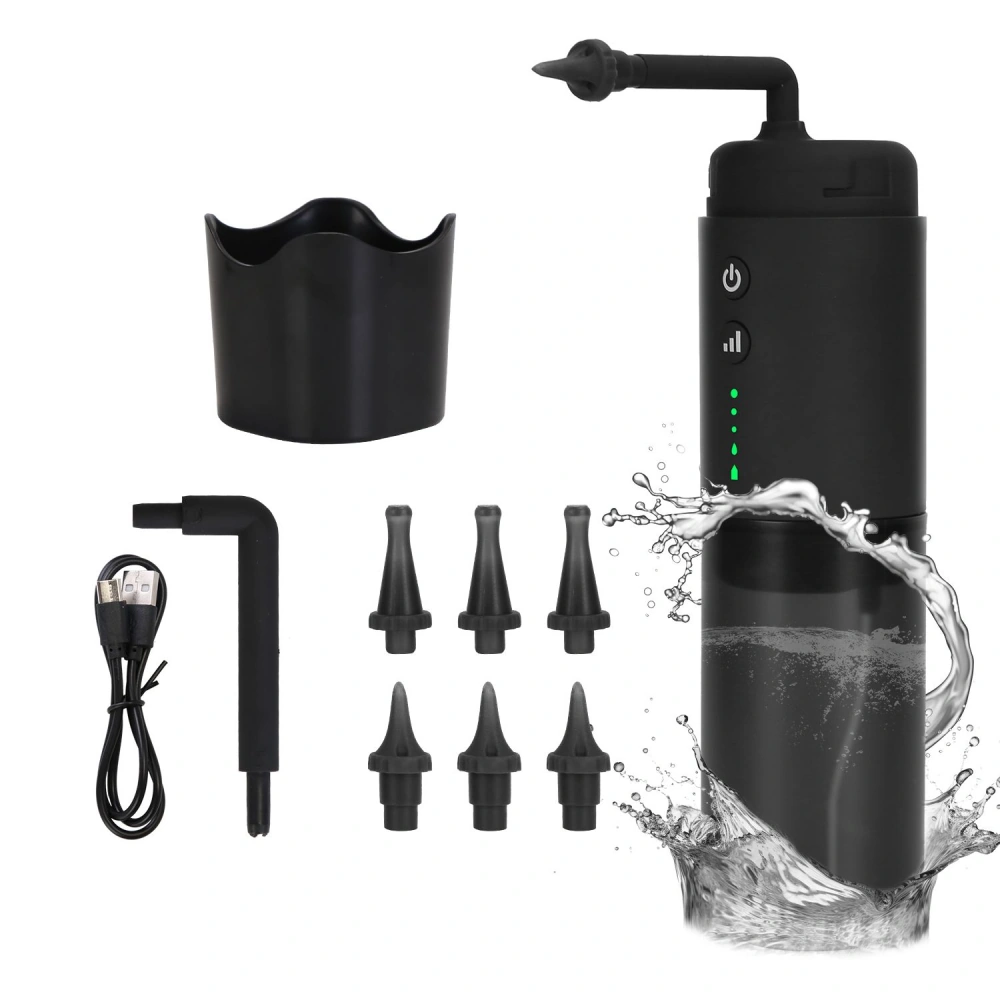 Portable electric water flosser kit with six interchangeable tips, charging cable, and water reservoir, designed for effective oral hygiene.