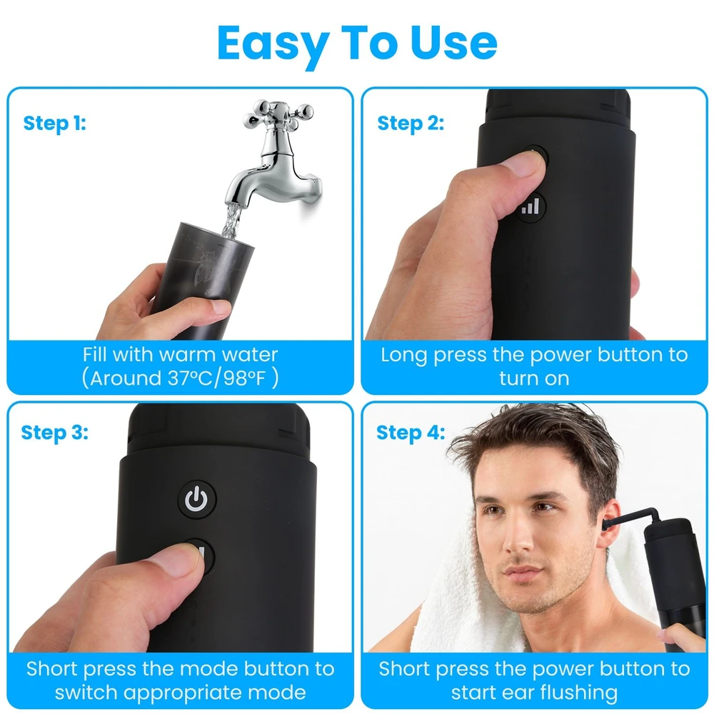 Easy-to-use ear cleaning device, featuring step-by-step instructions for filling with warm water, powering on, selecting modes, and starting the ear flushing process.