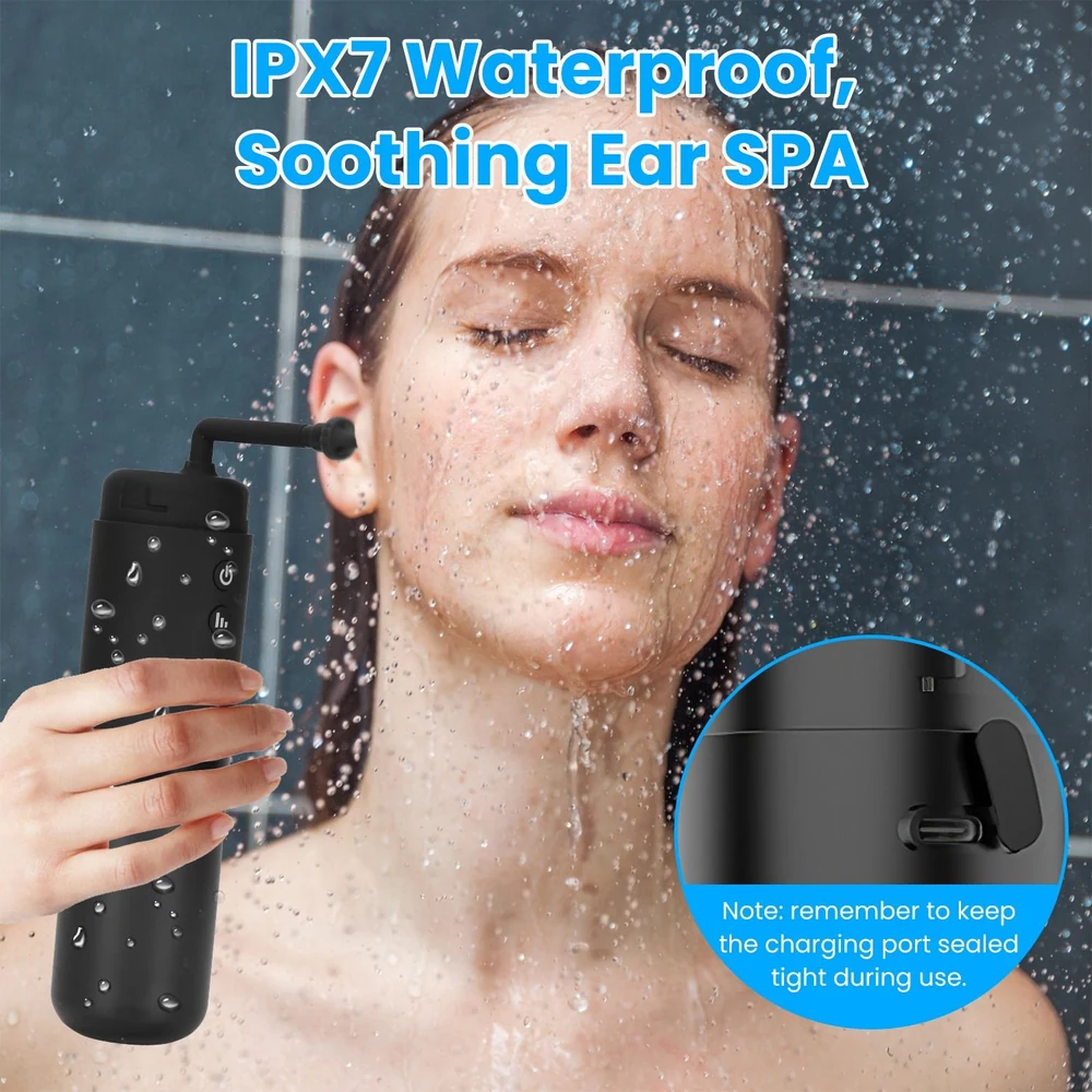 Handheld IPX7 waterproof device for cleansing that is being used in a shower, featuring a sleek black design with water droplets splashing around.