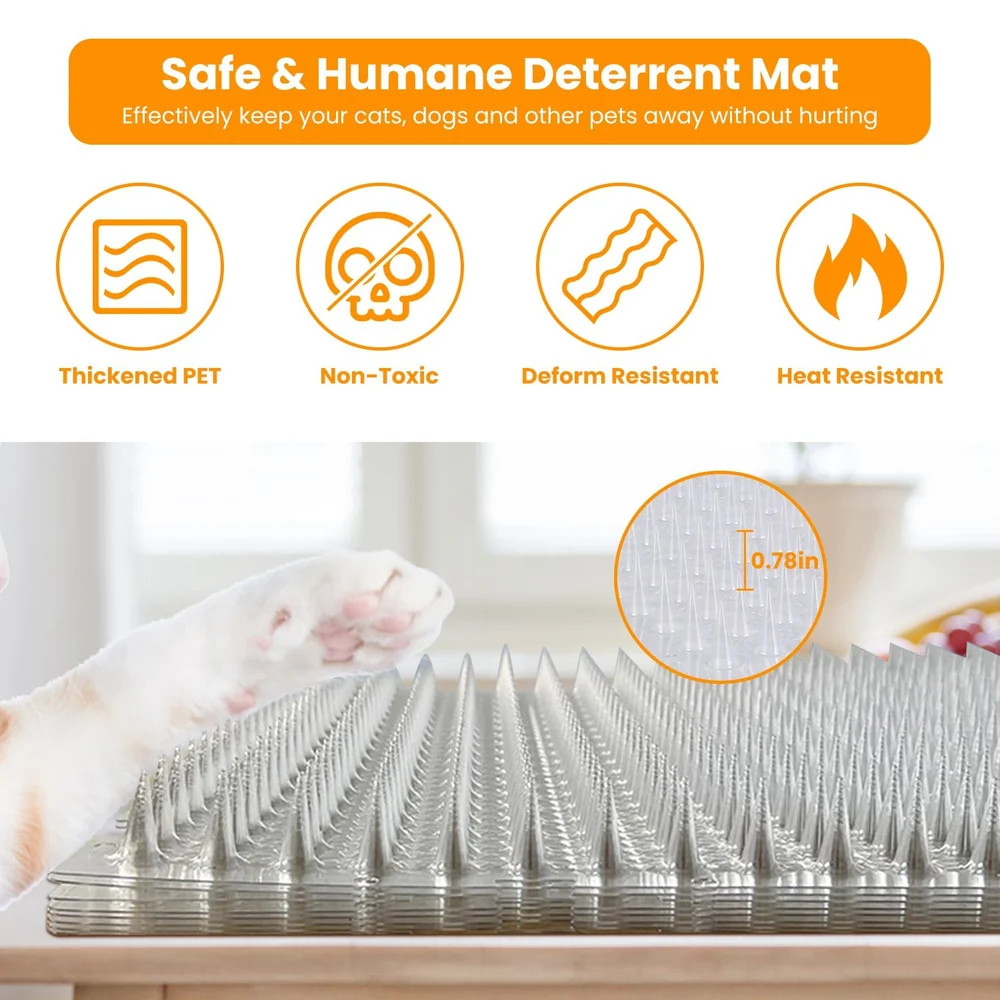 Cat paw touching a safe and humane deterrent mat designed to keep pets away, featuring thickened non-toxic material, with deformation and heat resistance for durability.
