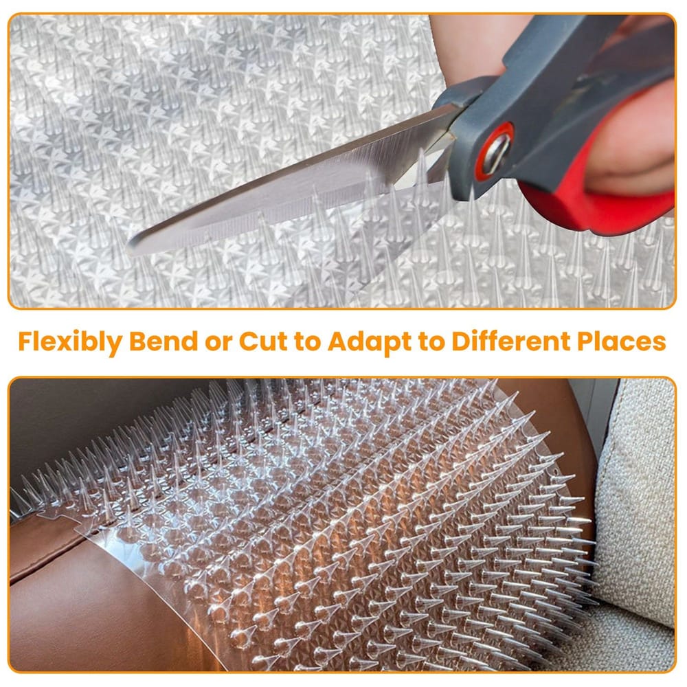 Image of a flexible, transparent protective mat featuring spiky protrusions, with scissors cutting the mat to demonstrate its adaptability for various surfaces like couches and chairs.