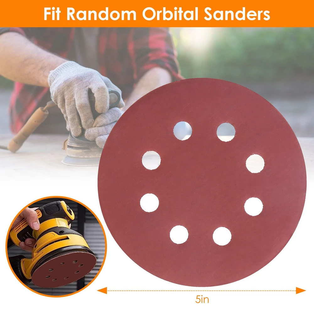 5-inch red sanding disc for random orbital sanders, showing air holes for efficient dust extraction, with a craftsman using a sander in the background.