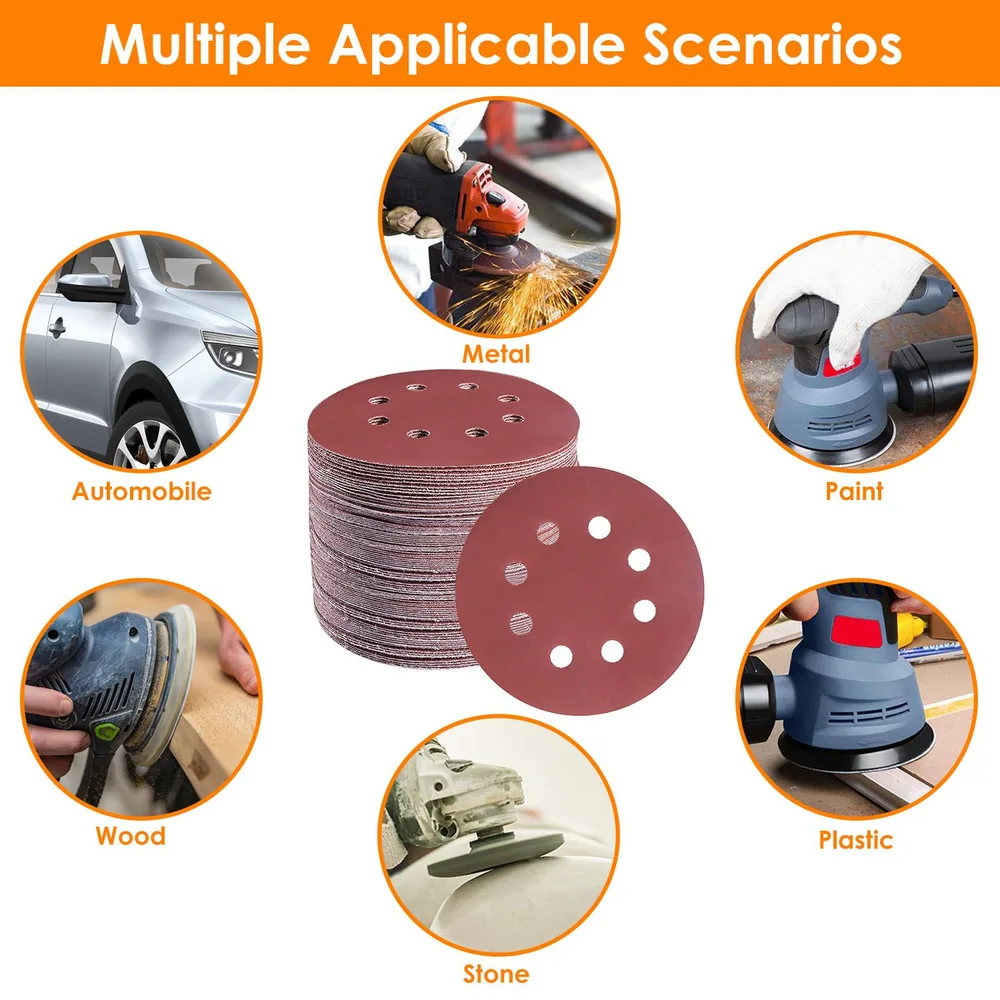 Sanding discs stack for wood, metal, plastic, stone, and paint applications with circular cutouts for dust extraction, shown with illustrative scenarios.