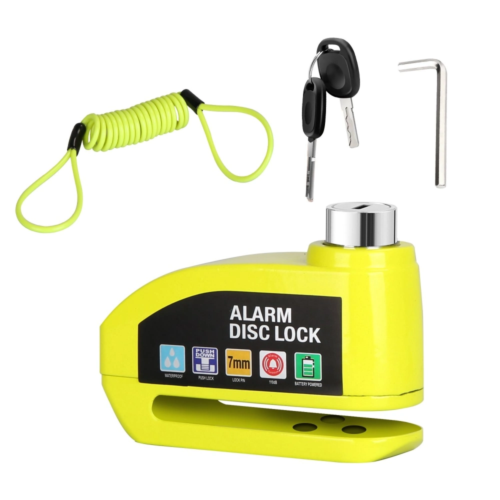 Bright yellow alarm disc lock with waterproof design, 7mm locking pin, keys, hex key, and coiled security tether visible for motorcycle and bicycle protection.