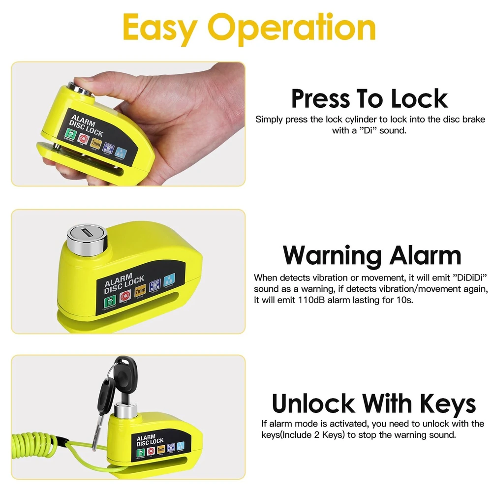 Vibrant yellow disc lock with alarm features, showing easy operation steps: locking, warning alarm, and unlocking with keys. Ideal for bike security.