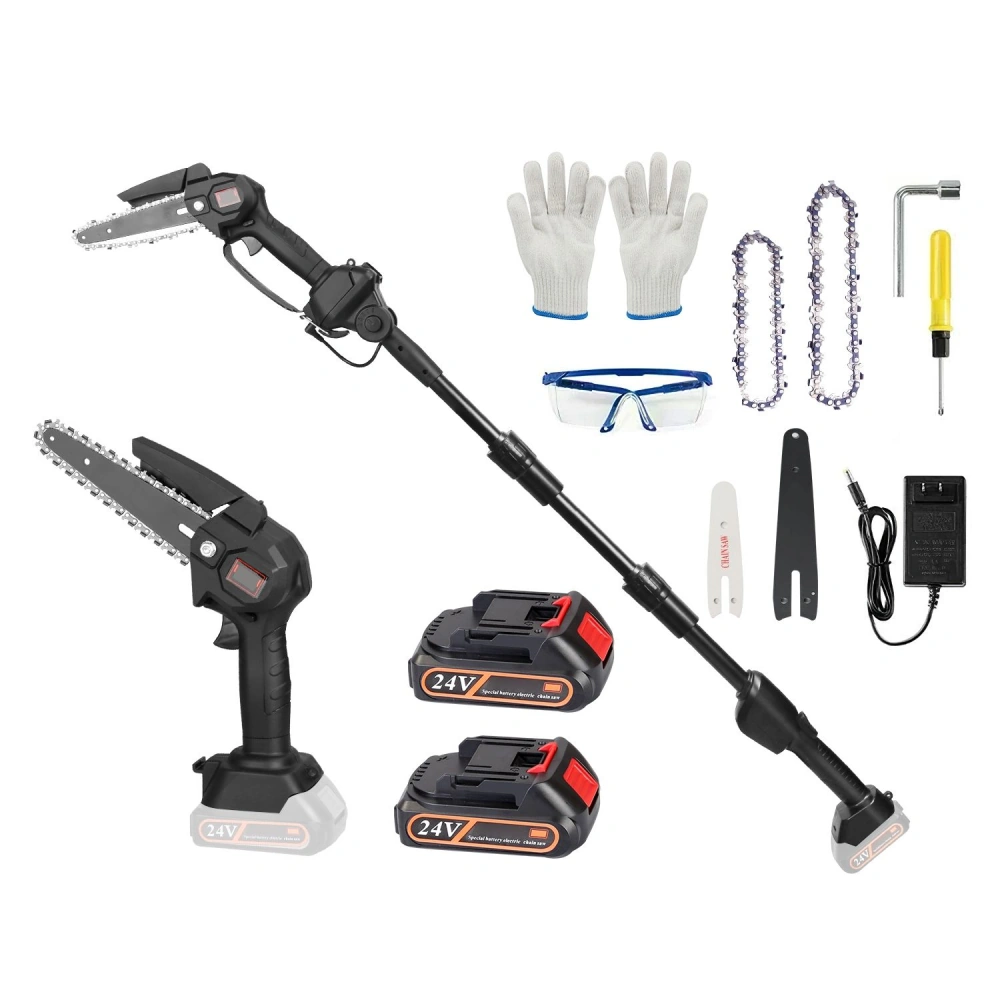 Electric pole saw kit with adjustable extension, two 24V rechargeable batteries, safety gloves, goggles, extra chains, and tools for easy maintenance.