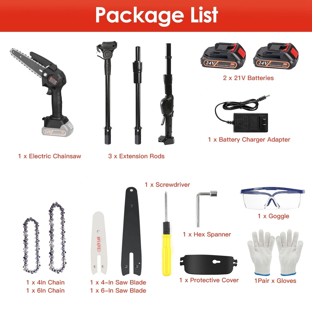 Electric chainsaw kit including chainsaw, three extension rods, two batteries, charger, screwdriver, saw blades, protective cover, goggles, and gloves.