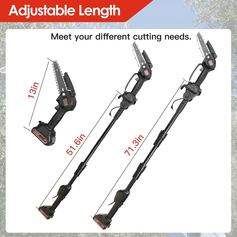 Adjustable length electric pruning saw with three height settings: 13 inches, 51.6 inches, and 71.3 inches, suitable for meeting various cutting needs.