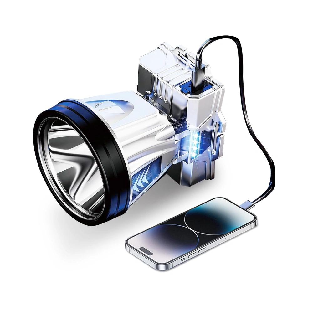 Rechargeable LED flashlight with a metallic finish, USB charging port, and smartphone connected for emergency charging.