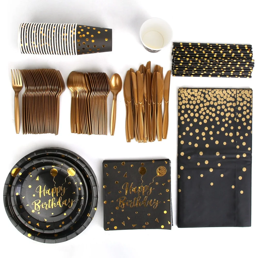 Black and gold birthday party supplies set including plates, napkins, cups, straws, and cutlery, featuring a festive "Happy Birthday" design with gold confetti accents.