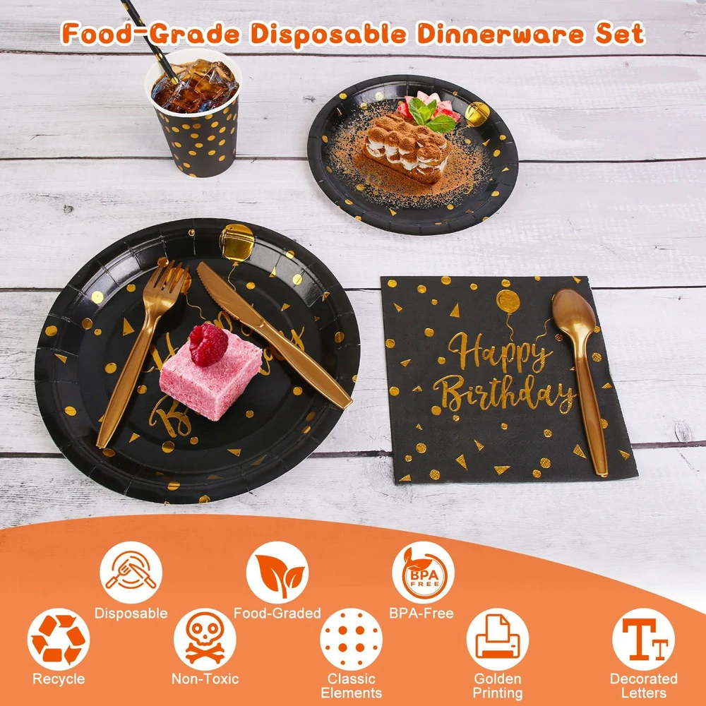 Food-grade disposable dinnerware set featuring elegant black plates and napkins with gold accents, including a cake, dessert, and beverage cup, ideal for birthday celebrations.