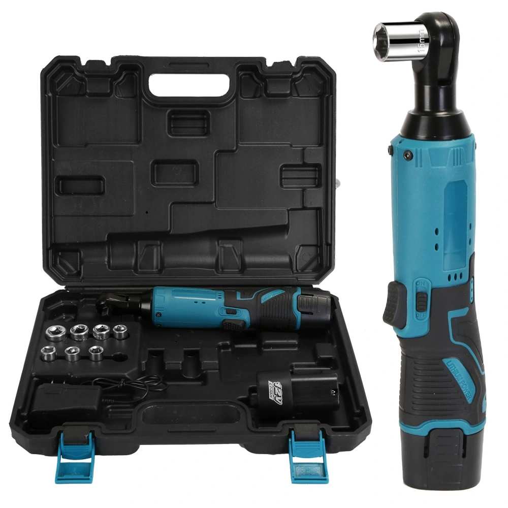 Electric ratchet wrench set in a portable black case, featuring a blue ergonomic handle, multiple socket attachments, and a battery charger for convenient use and storage.