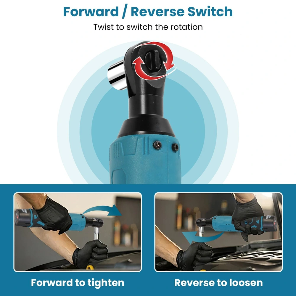 Image of a reverse and forward switch on a cordless electric ratchet wrench, showing how to operate the tool by twisting the switch to tighten or loosen fasteners, with a hand demonstrating the process.