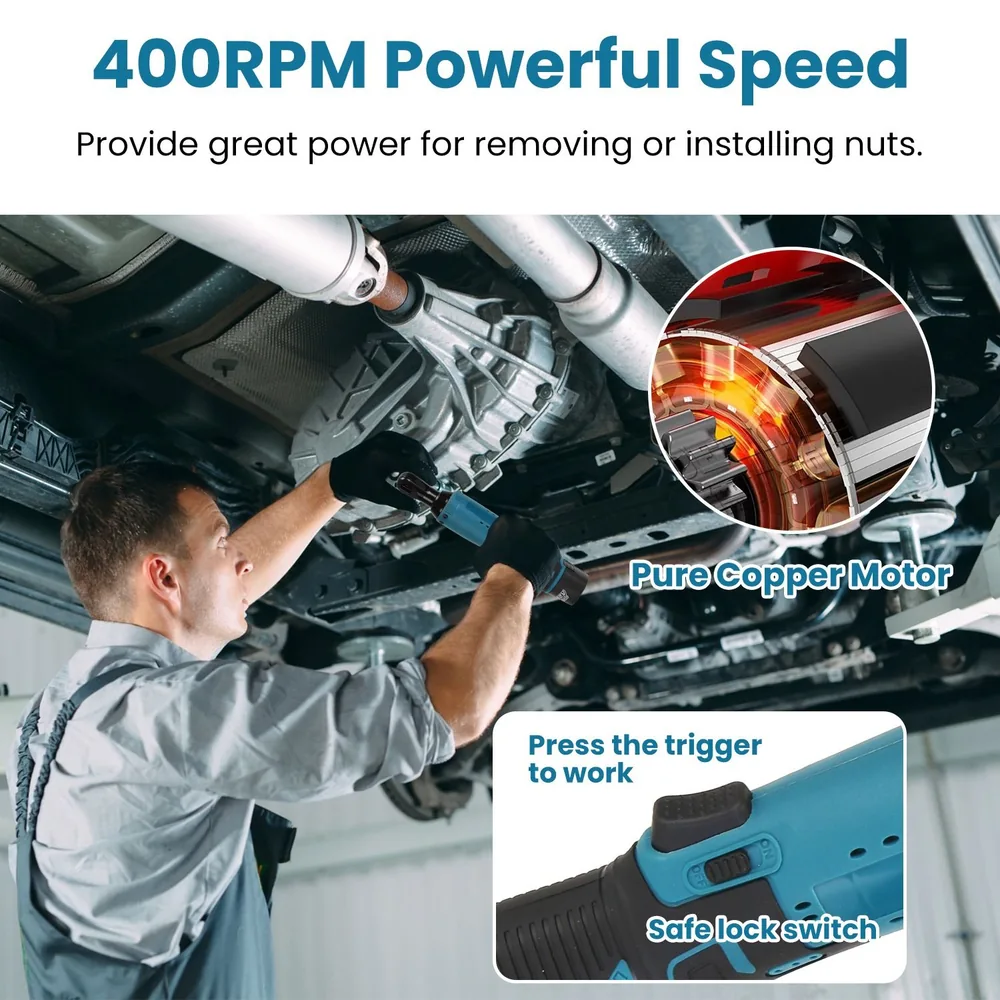 Mechanic using a powerful, blue 400RPM wrench to remove nuts under a vehicle, showcasing a pure copper motor and safe lock switch for enhanced performance.
