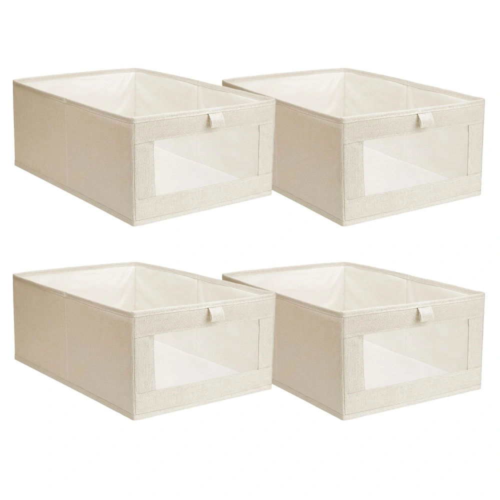 Set of four beige fabric storage bins with clear front panels for easy viewing and pull tab handles for convenient access.
