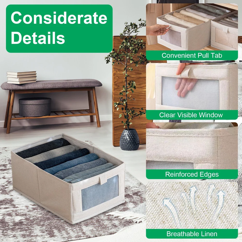 Storage organizer box with clear window, pull tab, and breathable linen, displaying neatly rolled towels in a stylish living room setting.