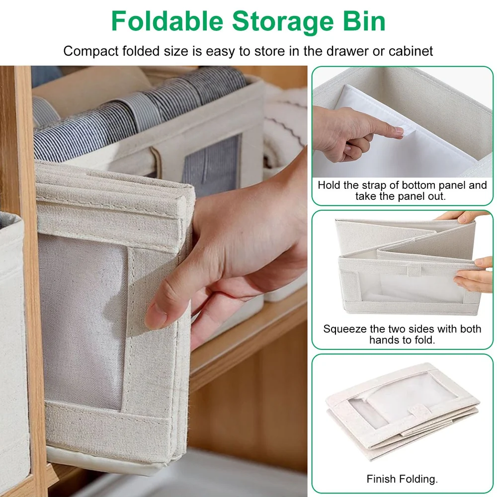 Foldable storage bin with a hand demonstrating its compact design and easy folding process for efficient organization and storage in drawers or cabinets.