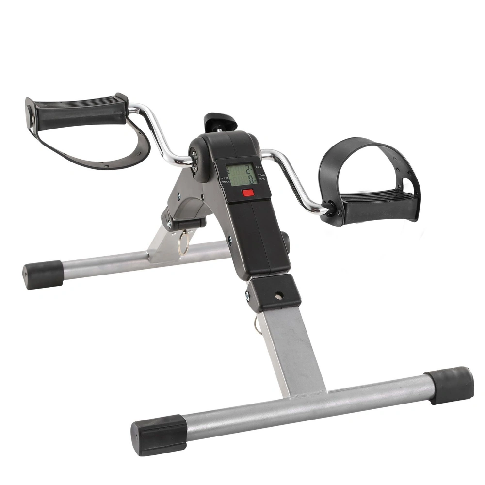 Compact stationary pedal exerciser with digital display and adjustable foot straps for home fitness.