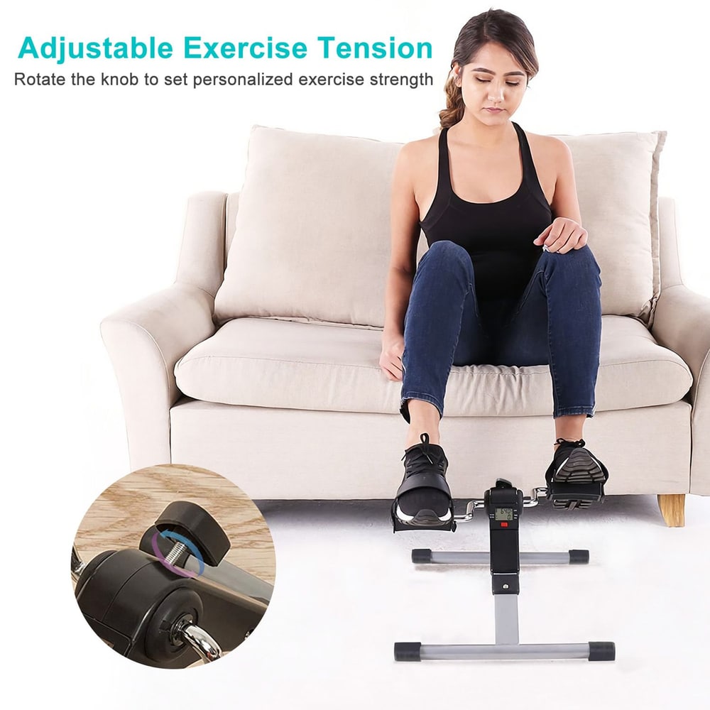 Compact pedal exercise machine with adjustable tension knob for personalized workouts, displayed in a home setting with a woman using it on a couch.