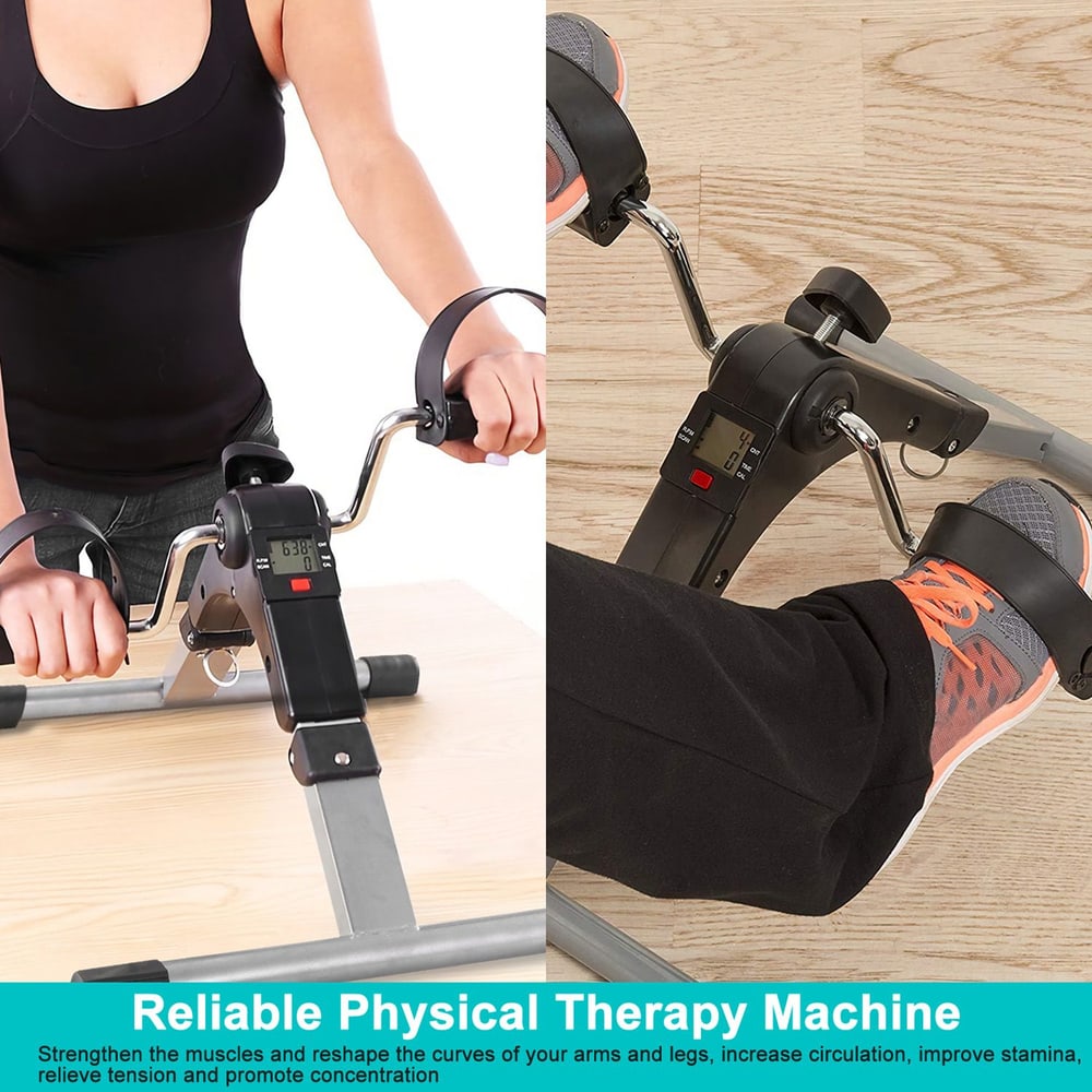 Person using a reliable physical therapy machine to strengthen arm and leg muscles, featuring digital display and adjustable straps for safety.
