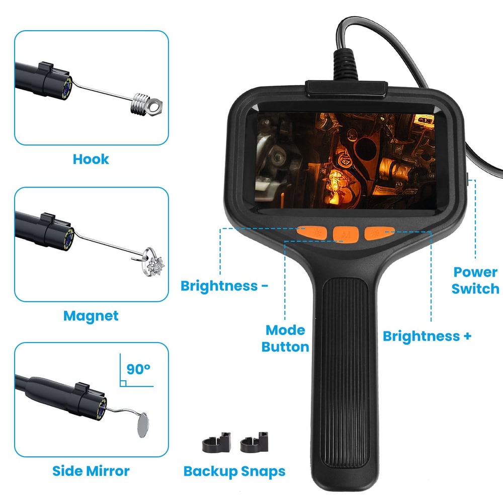 Digital inspection camera with features including a hook, magnet, side mirror, and adjustable brightness settings, ideal for automotive and mechanical diagnostics.