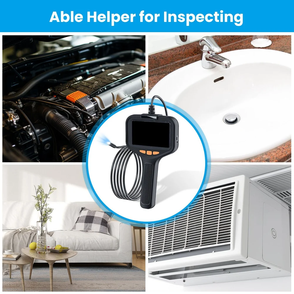 Inspection camera with flexible cable and screen, highlighting versatile usage in automotive, plumbing, and home maintenance inspections.