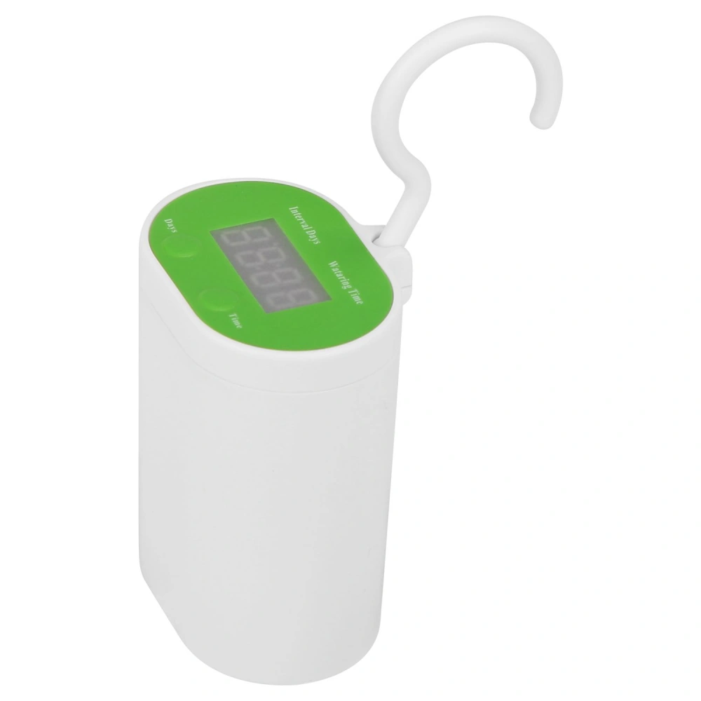 Digital pet water dispenser with hook and timer, featuring a green top and easy-to-read display for convenient hydration management.
