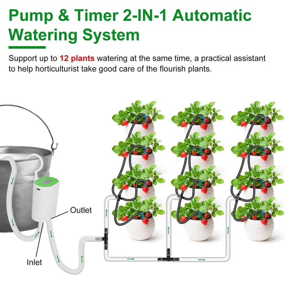 Automatic watering system with pump and timer for up to 12 plants, featuring connected watering tubes and healthy green strawberry plants in decorative pots.