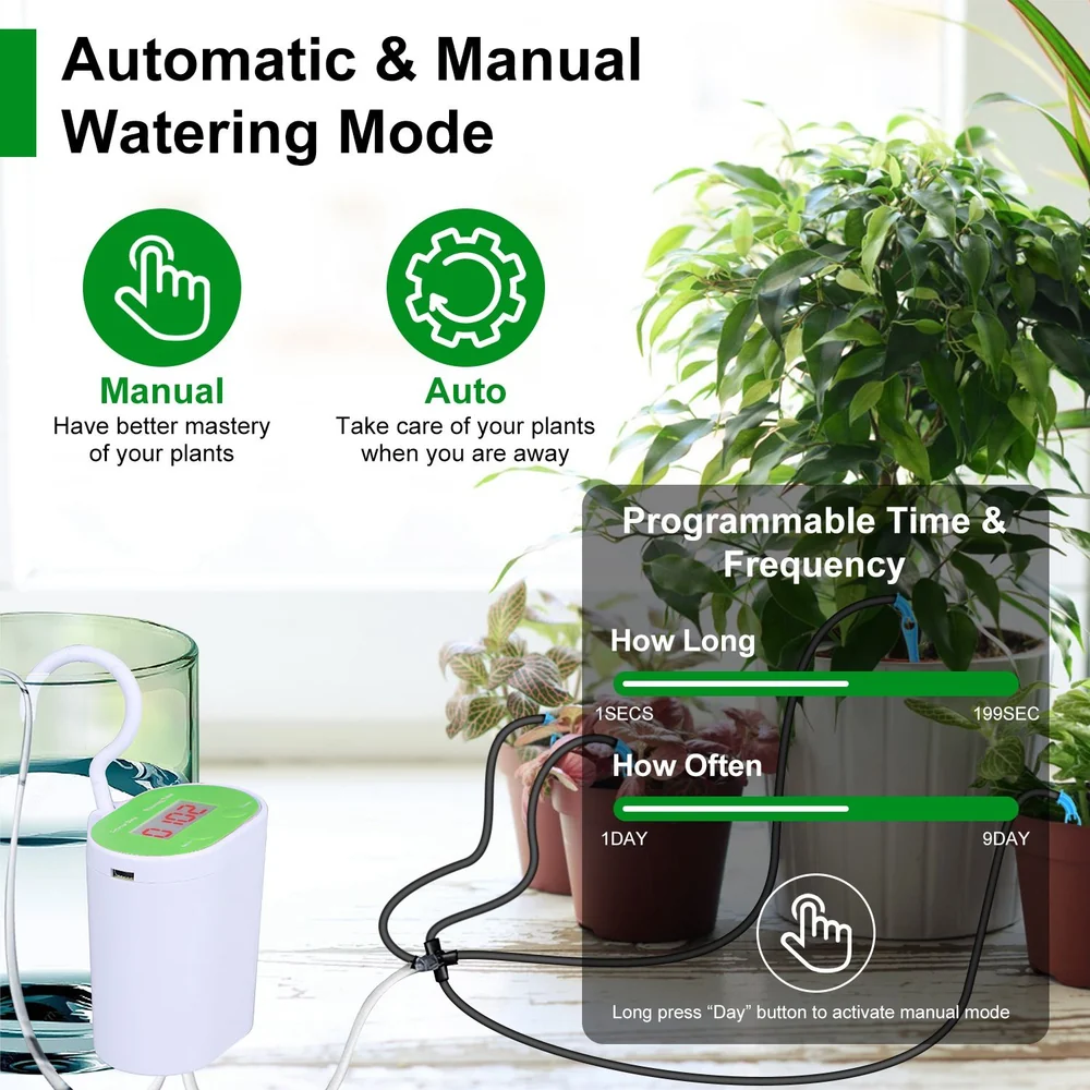 Automatic and manual plant watering system with programmable timer, featuring lush green plants in the background on a bright windowsill.