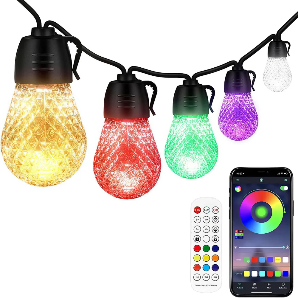 Multicolor LED string lights with diamond-shaped bulbs in yellow, red, green, and purple, accompanied by a remote control for color and brightness settings, ideal for festive lighting and outdoor decor.