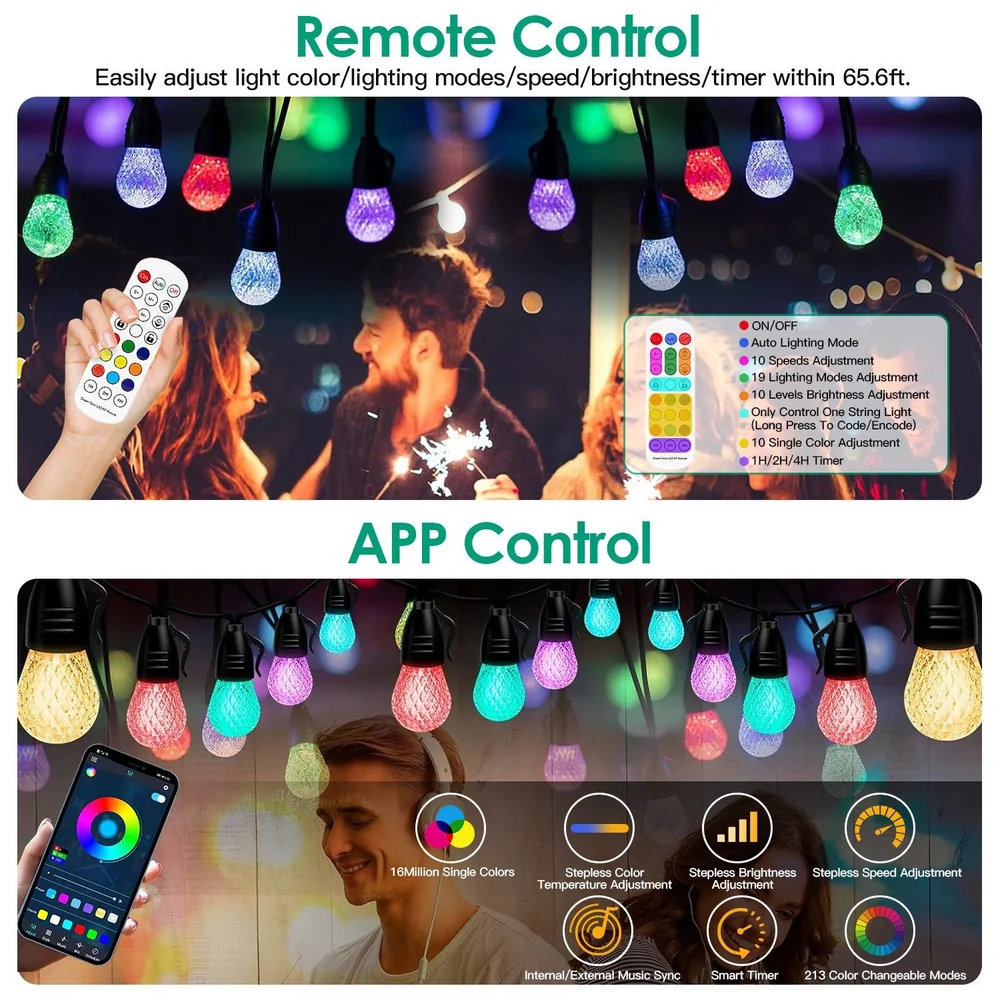 Remote and app-controlled string lights featuring adjustable color, brightness, and lighting modes, perfect for creating vibrant outdoor or indoor ambiance.