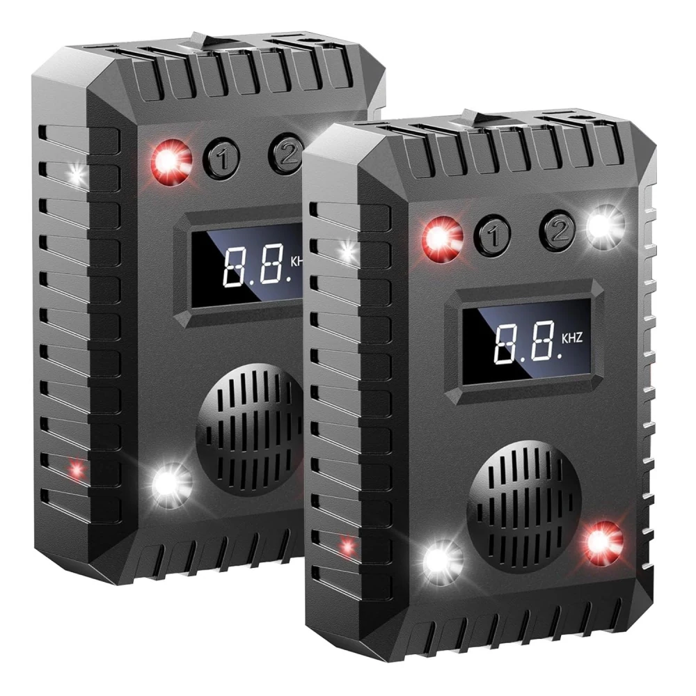 Dual handheld digital frequency detectors in a rugged black design, featuring LED indicators and a clear digital display for precise frequency readings in KHz.