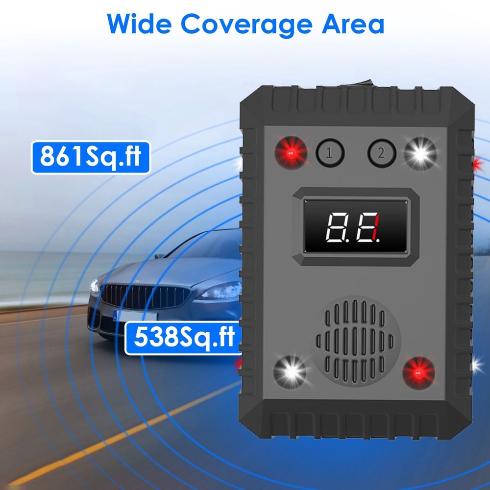 Product image of a portable car alarm system showcasing a wide coverage area, with highlighted distances of 861 sq. ft. and 538 sq. ft., featuring LED indicators and a digital display for easy monitoring.