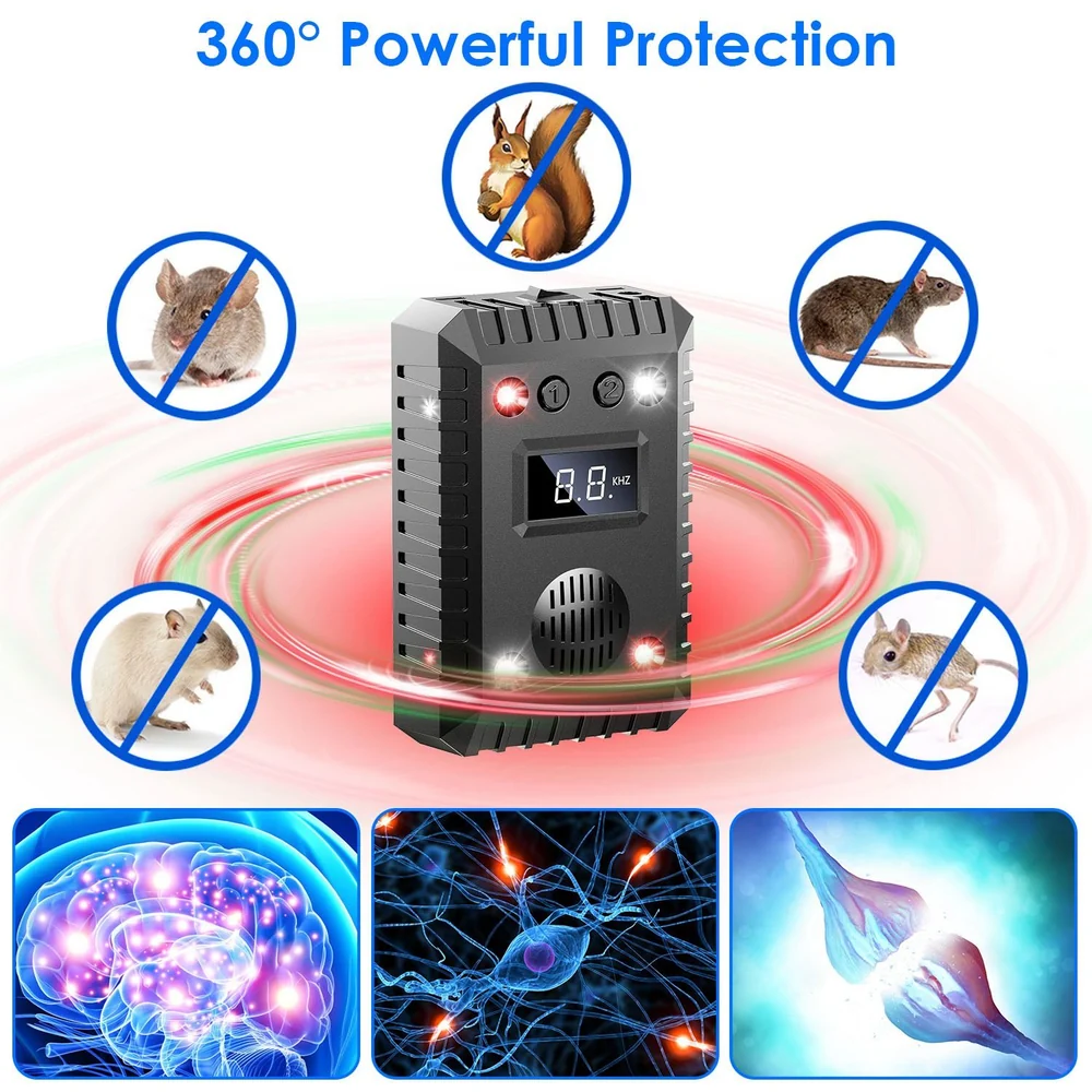 Ultrasonic pest repellent device with LED indicators, displaying a frequency readout, surrounded by images of common pests like mice and squirrels with crossed-out symbols for effective 360° protection against unwanted animals.