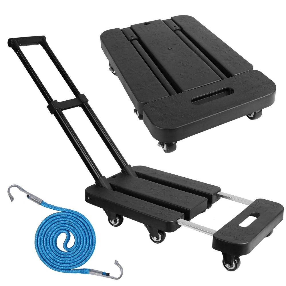 Collapsible black hand truck with wheels and a retractable handle, accompanied by a blue bungee cord for secure transport.