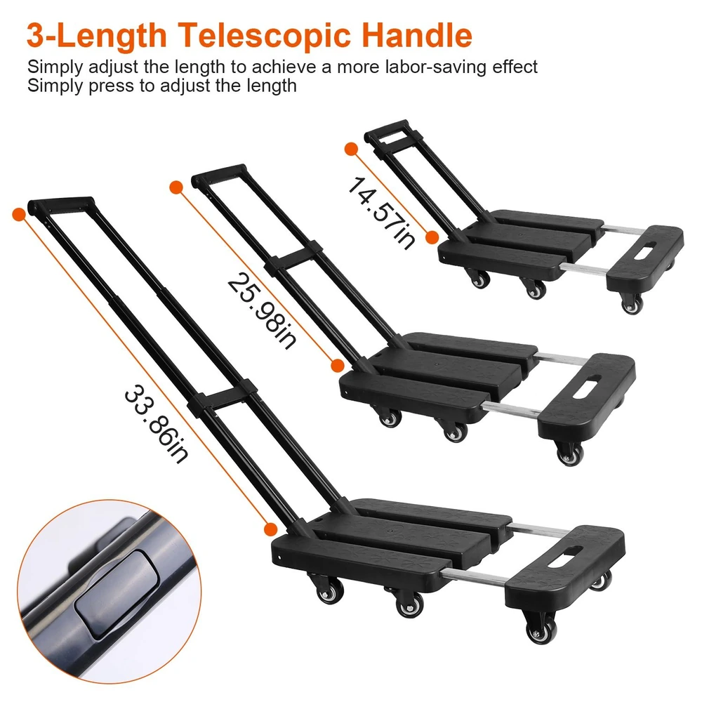 Telescopic handle cart with adjustable lengths of 14.57in, 25.98in, and 33.86in, featuring durable wheels and a convenient press-button length adjustment.
