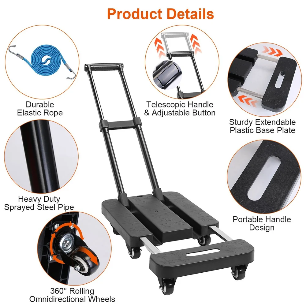 Durable portable utility cart with telescopic handle, adjustable button, sturdy plastic base plate, heavy-duty steel construction, and 360° omnidirectional wheels for easy maneuverability.
