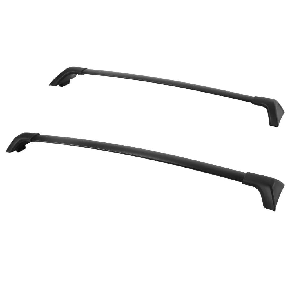 Black roof rack crossbars for vehicles, designed for secure luggage and cargo transportation.