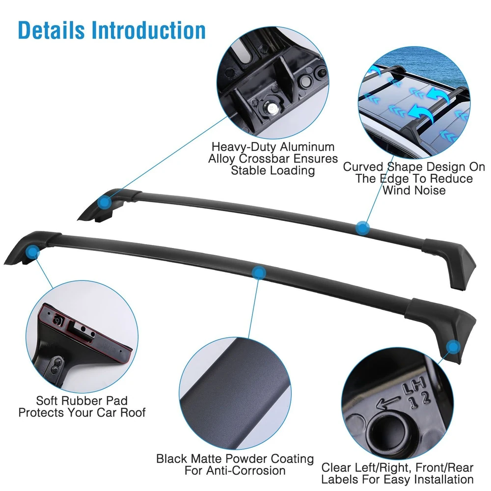 Heavy-duty aluminum alloy car roof crossbars with curved design to reduce wind noise, featuring soft rubber pads for protection and anti-corrosion matte black finish, labeled for easy installation.