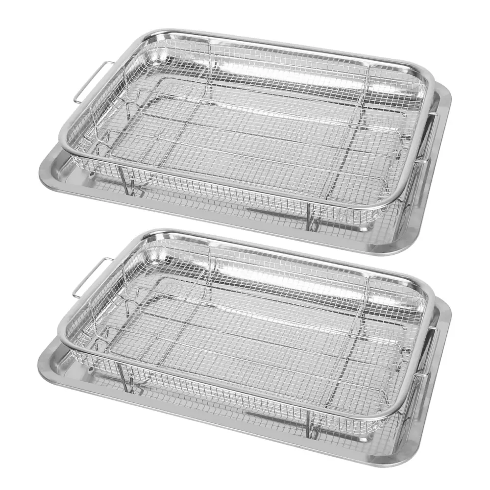 Two stainless steel wire mesh cooling racks with handles, ideal for baking and roasting, positioned on a tray for easy access and leak-proof cooking.