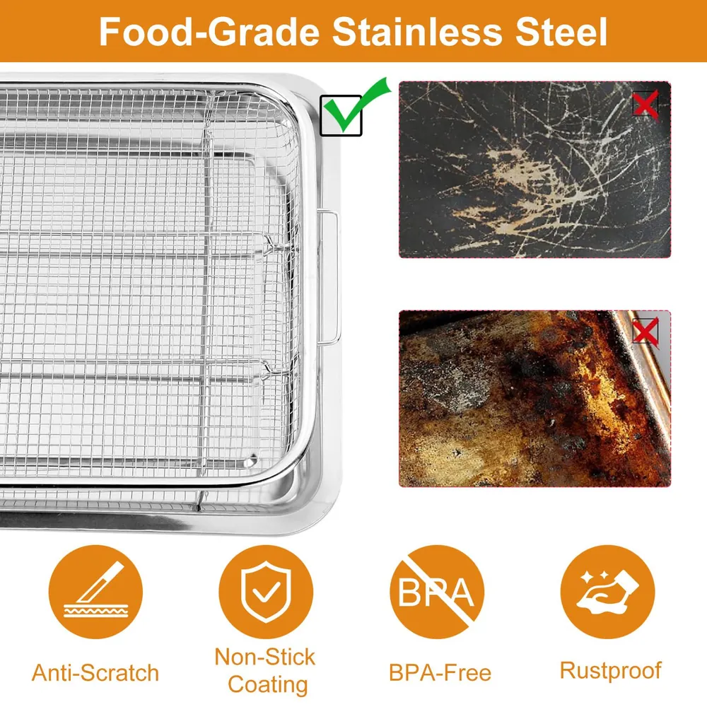 Food-grade stainless steel baking rack with anti-scratch and non-stick coating, illustrated alongside images of inferior surfaces that show scratches and rust, emphasizing its BPA-free and rustproof features.