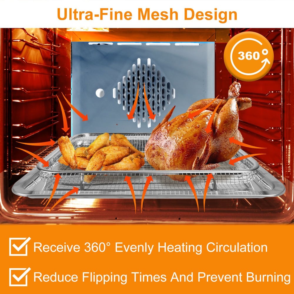 Image of an ultra-fine mesh cooking rack inside an oven, featuring evenly cooked chicken and crispy chicken wings, demonstrating 360-degree heat circulation with arrows indicating airflow for optimized cooking.
