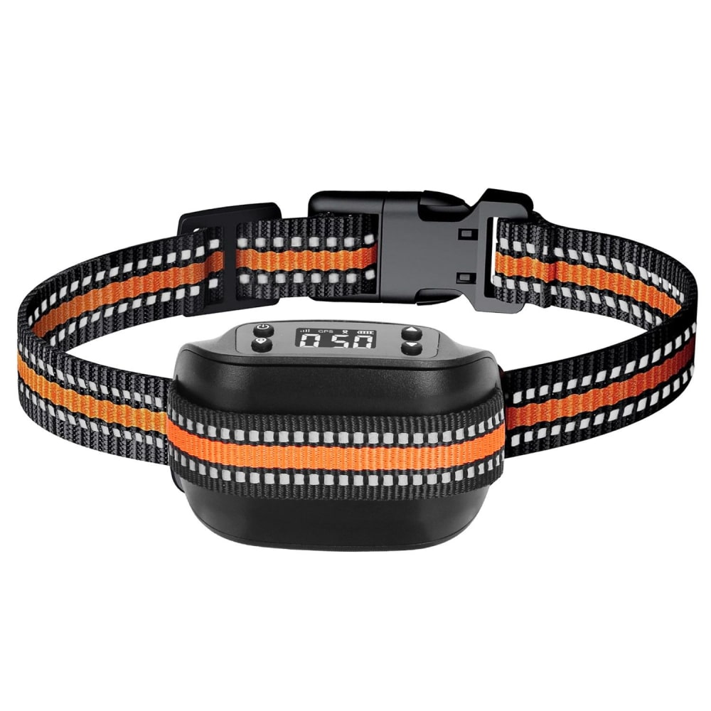 Durable black and orange adjustable pet training collar with digital display and reflective stitching, designed for effective training and visibility.