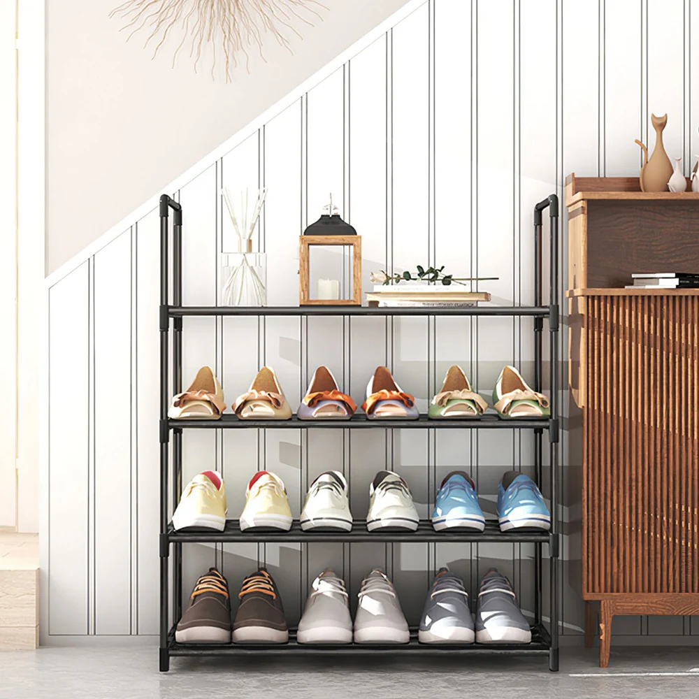Stylish black shoe rack displaying various types of shoes in a modern home interior, positioned against a white striped wall with decorative accents.