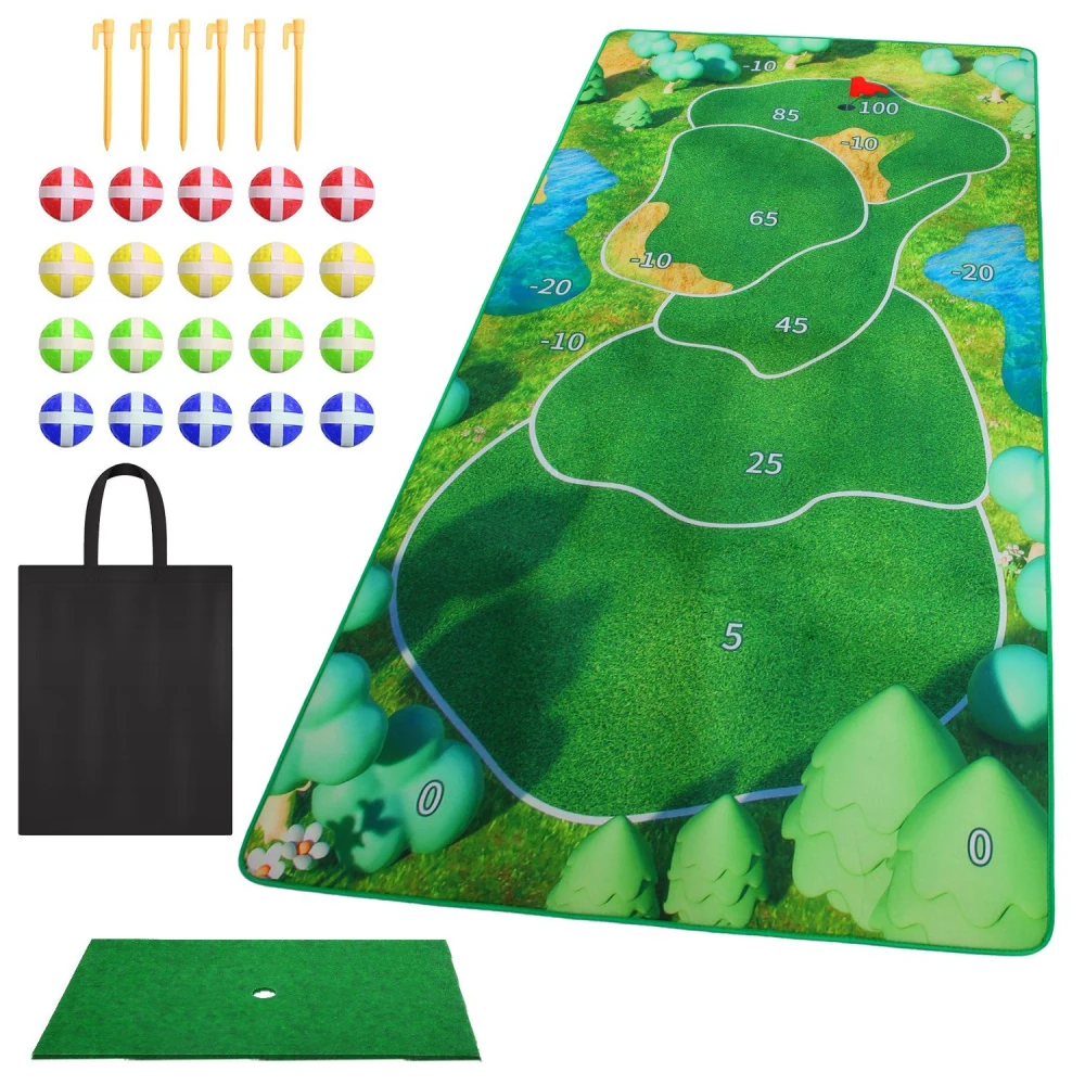 Colorful golf putting green mat set with numbered sections, colorful target discs, golf hole cup, and carrying tote bag for indoor or outdoor practice.